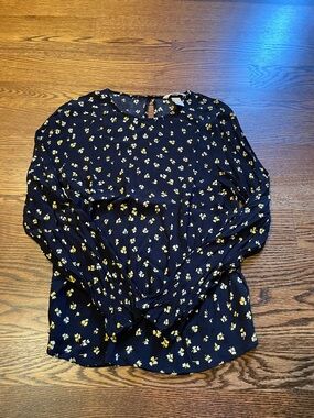 H&M Navy Long-Sleeve Floral Blouse with Yellow Print